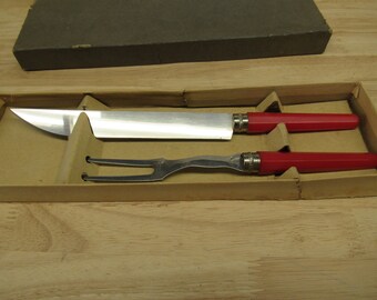 MCM Carving Set, Red Plastic Handle Knife and Fork Carving Set