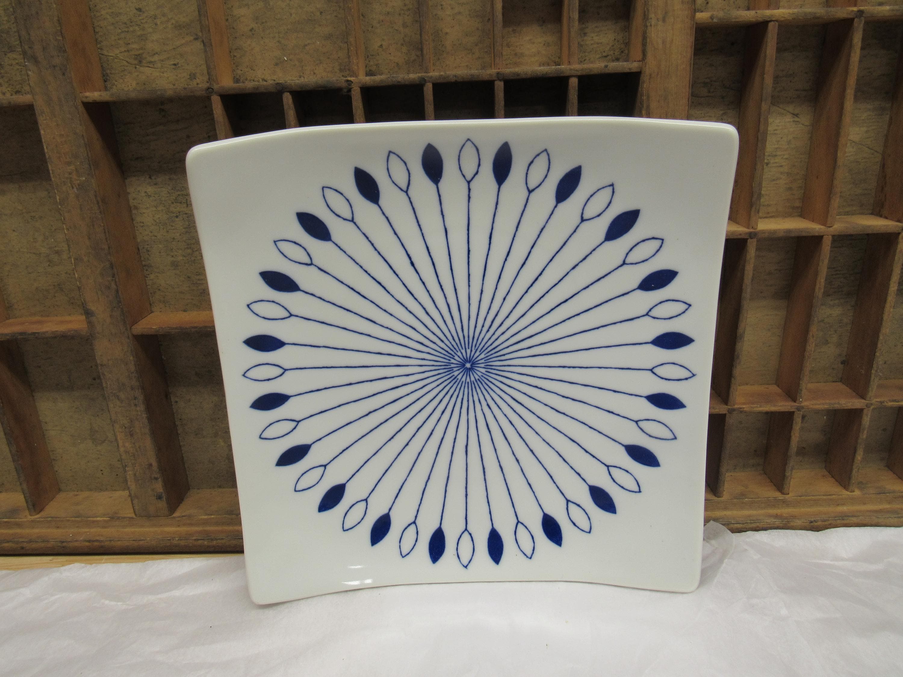 Blue Geometric Plate, Square Ceramic/porcelain Plate With Blue