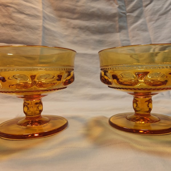 Amber Kings Crown, Thumbprint, Indiana Glass Pedestal Compotes, Amber Kings Crown Pedestal Compotes