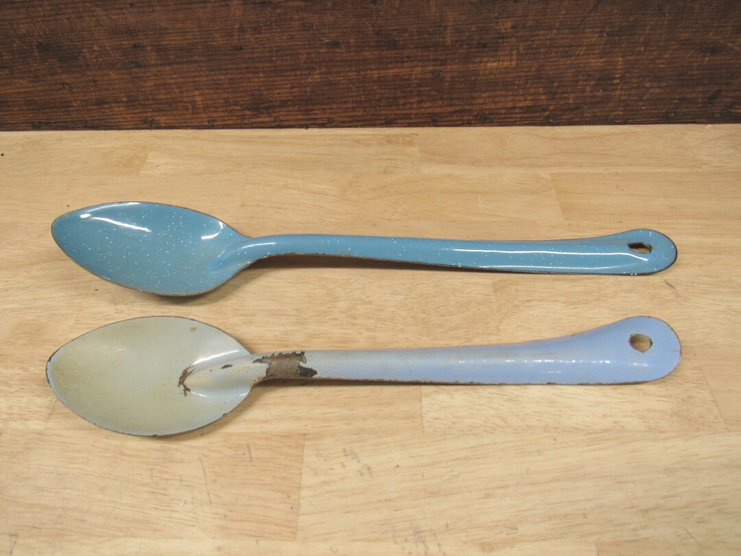 Two Enamelware Spoons, Blue Speckled and Gray Enamel Ware Large Serving