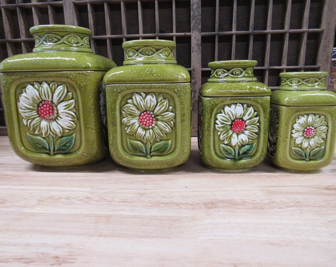 Ceramic Canister Set, Green With White Daisy Ceramic Canister Set Made