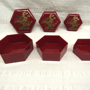 Lacquered Trinket Boxes, Set of 3 Red Gold and Green Floral Lacquered Boxes