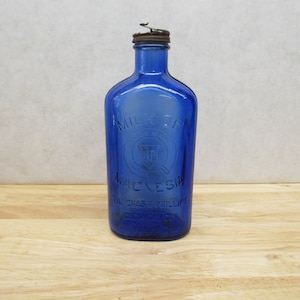 Cobalt Blue Bottle, 9&quot; Tall Cobalt Blue Milk of Magnesia Bottle With Rusty Lid