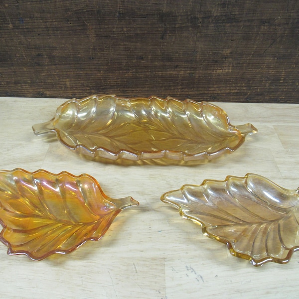 Carnival Glass Leaves, 3 Carnival Glass Leaf Candy Dishes