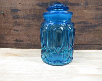 LE Smith Jar, Sapphire Blue L. E. Smith Canister, Blue Moons and Stars jar, Blue LE Smith Jar, Blue Moons and Stars, LE Smith Sapphire Jar