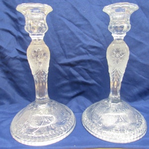 Tiara Candle Holders, Pair of Clear Glass Tiara Sandwich Glass Candle Holders