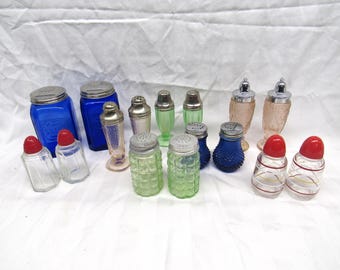 Salt and Pepper, Choose Your Set, Clear with Red, Green Glass, Pink Glass, Blue Glass,  Salt and Pepper Sets