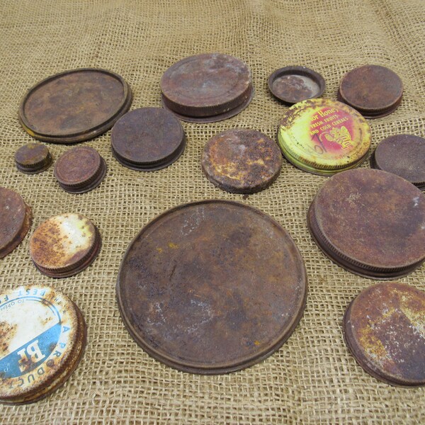 Rusty Can Lids, Awesome Mixed Size Rusty Can Lids-craft project, mixed media, folk art, altered art (L-5)