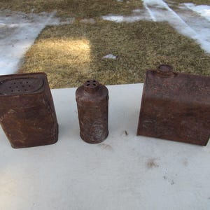 Rusty Cans, 3 Desert Art Cans, Log Cabin, Large Spice Tin, Talcum Powder Tin - yard art or home decor