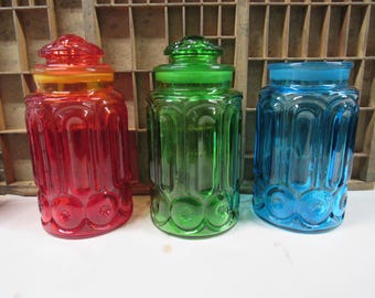 Vintage LE Smith Blue Moon & Stars Glass Canister Containers