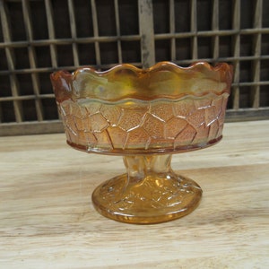 Carnival Glass Dish, Marigold Fenton Peacock Tail Maple Leaf Pedestal Candy Dish