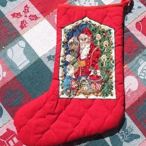 Quilted Christmas Stocking, Handmade Santa Christmas Stocking with Sequins, Pearls and Beads
