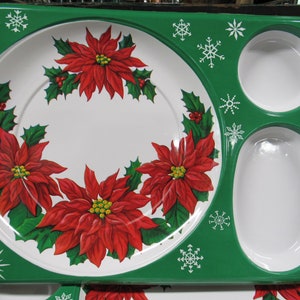 Divided Christmas Plates, 12 Plastic Christmas Trays, 12 Divided Poinsettia Christmas Luncheon Trays