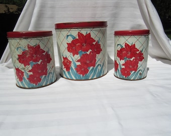 Metal Kitchen Canisters, Red and White Floral Kitchen Canisters