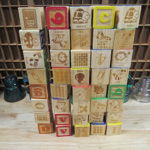 Assorted Wooden Blocks, 40 Vintage Letter Number Animal Shape Blocks