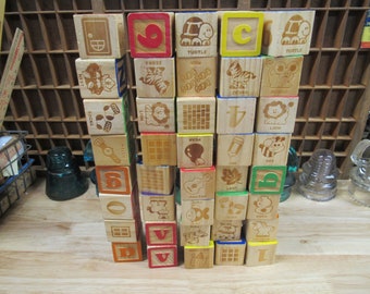 Assorted Wooden Blocks, 40 Vintage Letter Number Animal Shape Blocks