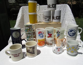 Assorted Coffee Mugs, Choose Your Mug, Flower Power, Carls Jr, Winchells, Disney, Lake Tahoe, Raggedy Ann, Fun City, Venice HS, Ralph Lauren