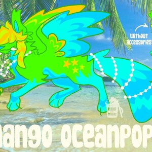 May include: A digital illustration of a green, blue, and yellow creature with wings, a pearl necklace, and three stars on its chest. The creature is standing on a beach with a palm tree and ocean in the background. The text "Mango Oceanpop" is written below the creature.