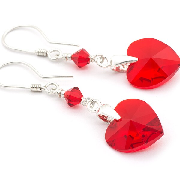 Red Heart Swarovski Earrings Silver Dangle Earrings Valentines Day Gift Sterling Silver Earrings Modern Earrings Sterling Silver Jewelry