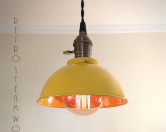 Ceiling Pendant Light  - Yellow Rustic Metal Hanging Loft Lamp - Custom Painted Steel