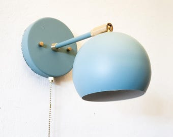 Pull Chain Industrial Wall Sconce - Kitchen Sage Light - Mid Century - Modern - Bedside Globe Shade Lamp - Bathroom Vanity - Brass Accents