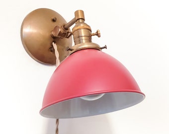 Adjustable Brass Bedside Sconce, Matte Red, Mid Century Plug-In Wall Lamp