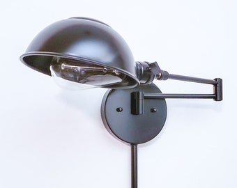 Satin Black Swing Arm Wall Light - Industrial Bedside Plug-in Reading Sconce