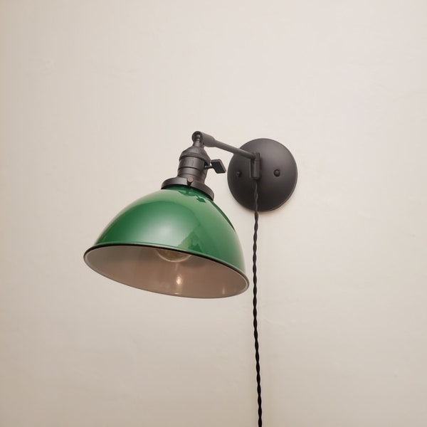 Plug in Adjustable Reading Wall Light - Industrial Black & Green Sconce - Mid Century Modern Articulated Swinging Light - Bathroom Vanity