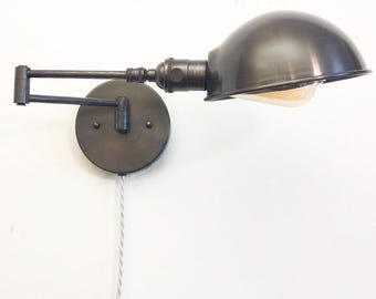 Swing Arm Adjustable Wall Light - Dark Bronze - Hand Aged Industrial Bedside Sconce - Mid Century Modern Articulated Boom Reading Light