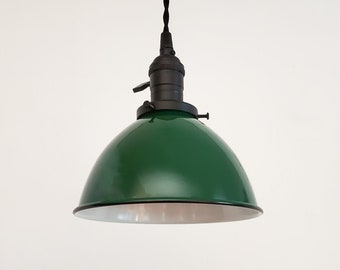 Green Pendant Light Fixture - Vintage Style Ceiling Lighting Metal 7" Dome Shade - Industrial Loft Hanging Lamp - Custom Enamel Finish