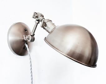 Bedside Reading Wall Light, Gunmetal Gray, Adjustable Art Sconce, Mid Century Modern, Deco Articulated Plug In Nook Lamp, Library Lighting