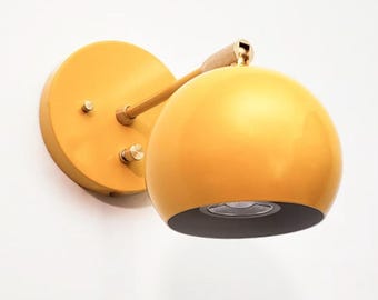Pivoting Head Bedside Reading Wall Light, Yellow and Gold Industrial Sconce, Mid Century Modern Articulated Plug In Lamp, Bathroom Lighting