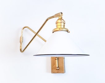 Extendable Brass Wall Lamp, Mid Century Modern, Swing Arm Double-Jointed, Reading Gold Light, Swinging Articulating Loft Lighting, White