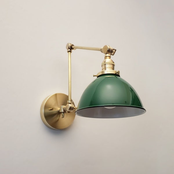 Kitchen Shelves Adjustable Wall Light - Industrial Sconce - Brushed Brass and Green - Mid Century Modern Lamp - Swing Arm Bathroom Light