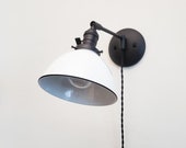 Swing Arm Bedside Kids Wall Color Light - Matte Black & White Sconce - Modern Articulated Plug In Directional Lamp - Bathroom Lighting