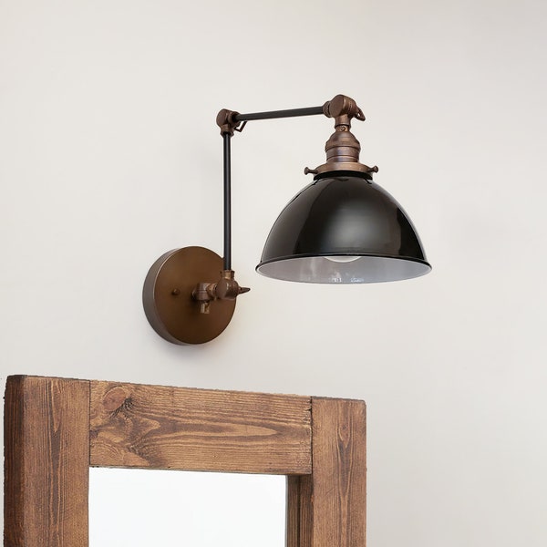 Swing Arm Adjustable Wall Light - Industrial Sconce - Black & Gold - Mid Century - Modern - Articulating - Boom Light - Bathroom Vanity Lamp