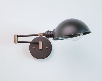 Swing Arm Adjustable Wall Light - Matte Black & Brass - Gold Industrial Bedside Sconce - Mid Century Modern Articulated Bath Vanity Light