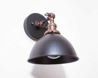 Handmade Adjustable Wall Sconce, Black & Antique Brass, Mid Century Modern