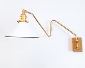 Mid Century Sconce, Swing Arm Double-Jointed, Extendable Brass Wall Lamp, Reading Gold Light, Modern Lamp, Articulating Loft Lighting, White