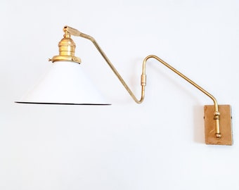 Mid Century Sconce, Swing Arm Double-Jointed, Extendable Brass Wall Lamp, Reading Gold Light, Modern Lamp, Articulating Loft Lighting, White