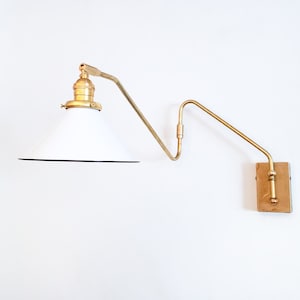 Mid Century Sconce, Swing Arm Double-Jointed, Extendable Brass Wall Lamp, Reading Gold Light, Modern Lamp, Articulating Loft Lighting, White