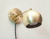 1-Arm, Plug In Adjustable, Gold LED Sconce, Mid Century, Industrial Loft Light, Articulating Head, Ball Lamp, Live Brass, Metal Sphere, Bulb
