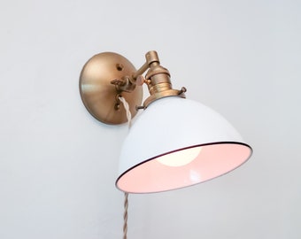 Adjustable Bedside Reading Wall Light - Antique Brass & White Sconce - Mid Century Modern Articulated Plug In Nook Lamp - Library Lighting