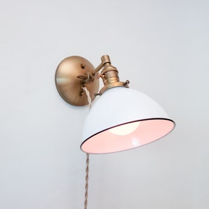 Adjustable Bedside Reading Wall Light - Antique Brass & White Sconce - Mid Century Modern Articulated Plug In Nook Lamp - Library Lighting