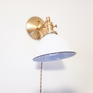 Adjustable Bedside Reading Wall Light, Brushed Brass & White Sconce, Mid Century Modern Articulated Plug In Nook Lamp, Library Lighting image 1