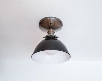 Semi Flush Ceiling Light Farmhouse Shade - Antique Brass & Black - Mid Century - Modern - Industrial - Ceiling Lighting - Vintage Loft Lamp