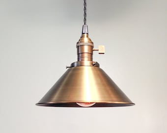 Ceiling Pendant Cone Shade Light  - Antique Brass Hanging Loft Lamp - Industrial Vanity Pendant Light - Mid Century Modern Beach Rustic