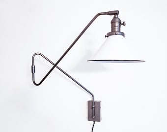 Mid Century Sconce, Swing Arm Double-Jointed, Extendable Gunmetal Wall Lamp, Reading Gray Light, Modern Lamp, Articulating Loft Lighting