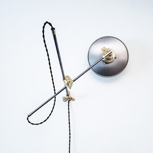 Raw Steel and Brass Industrial Scissor Wall Lamp - Pharmacy Articulating Modern Boom Light - Drafting Task Lamp - Old School Flat Shade