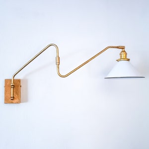 Swinging Adjustable Wall Light, Mid Century Modern Lamp, Brass and White Shade,  2-Arm Articulated, Boom Task, Minimalist Reading Sconce